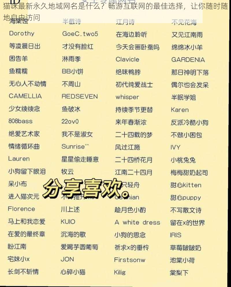 猫咪最新永久地域网名是什么？畅游互联网的最佳选择，让你随时随地自由访问