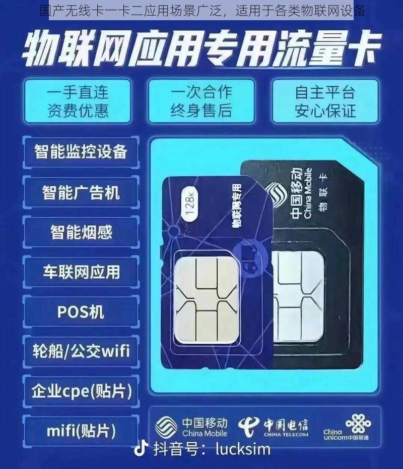 国产无线卡一卡二应用场景广泛，适用于各类物联网设备