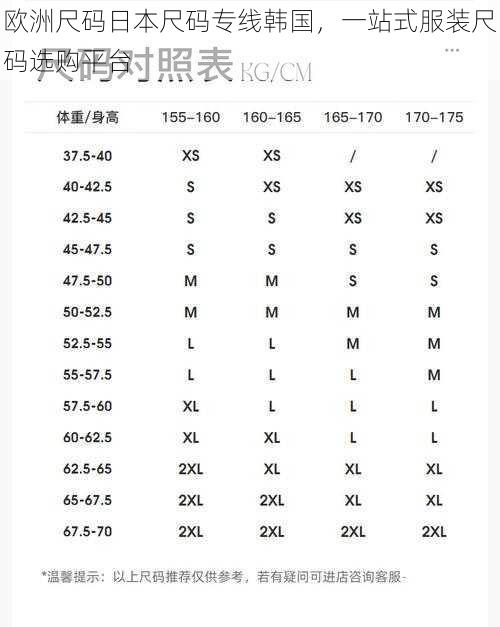欧洲尺码日本尺码专线韩国，一站式服装尺码选购平台