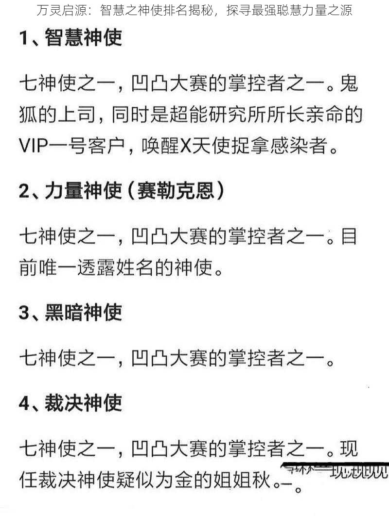 万灵启源：智慧之神使排名揭秘，探寻最强聪慧力量之源